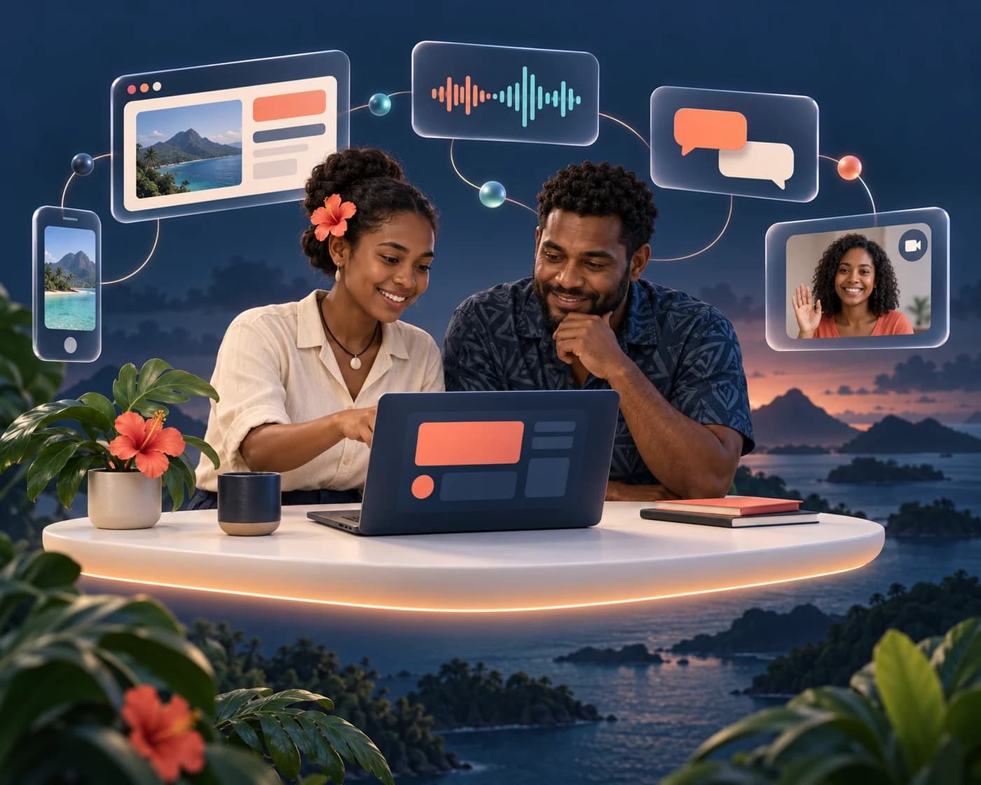 Illustration of Vanuatu professionals connecting websites, voice and video with Storian